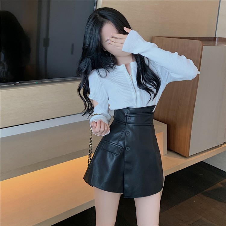 Cchân váy ngắn da PU/ áo dệt kim khóa kéo thời trang | BigBuy360 - bigbuy360.vn