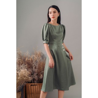Đầm lụa tay phồng màu xanh Gunich