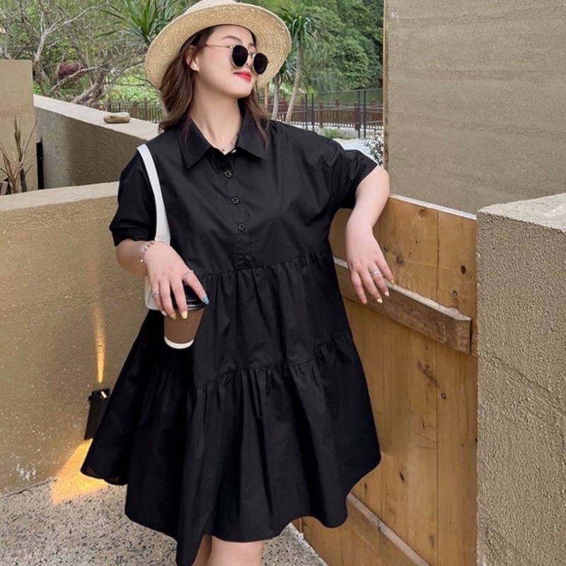 Đầm babydoll bigsize cổ sơ mi vạt tầng