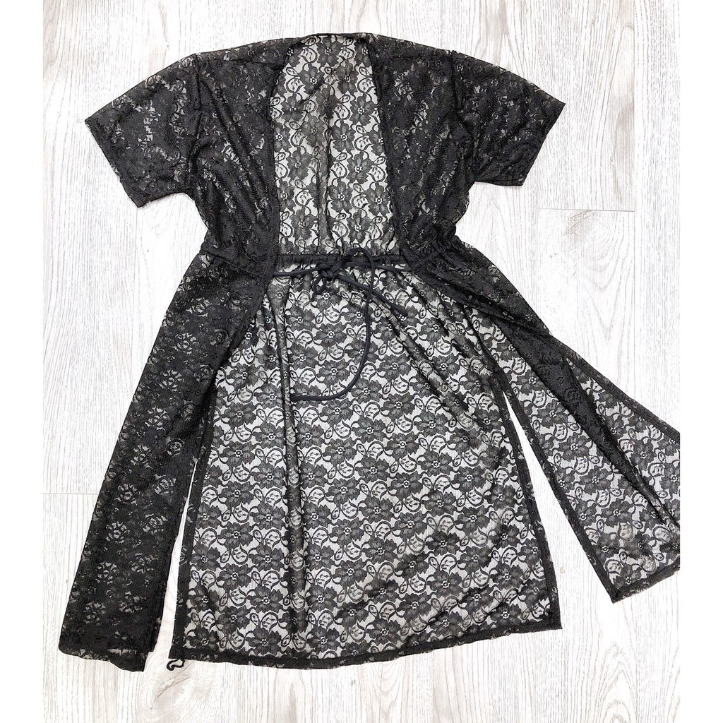 Khoác lưới đi biển dáng dài rút eo - đen