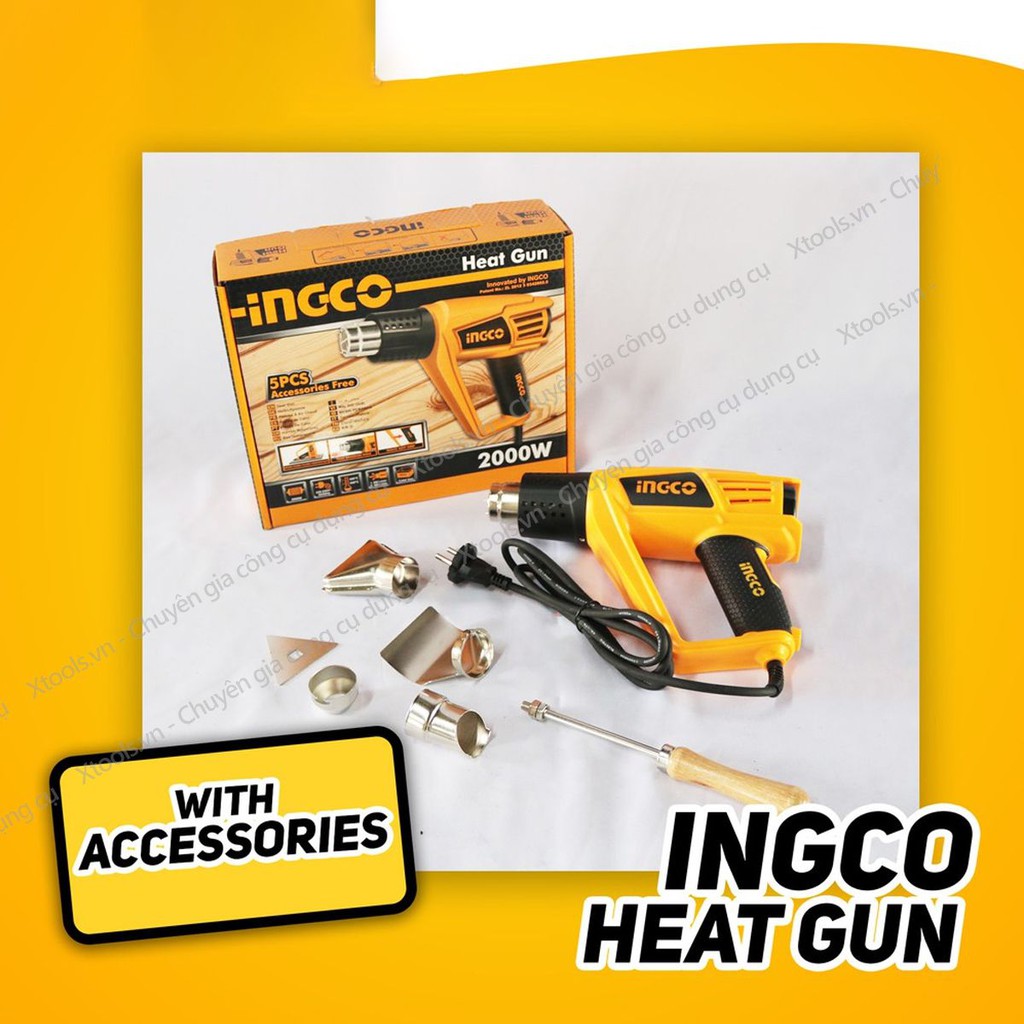 Máy khò nhiệt INGCO HG20008 Công suất 2000W Tặng kèm 5 món 1 cây nạo/cào và 4 miệng vòi, Máy thổi nhiệt 350°C/550°C