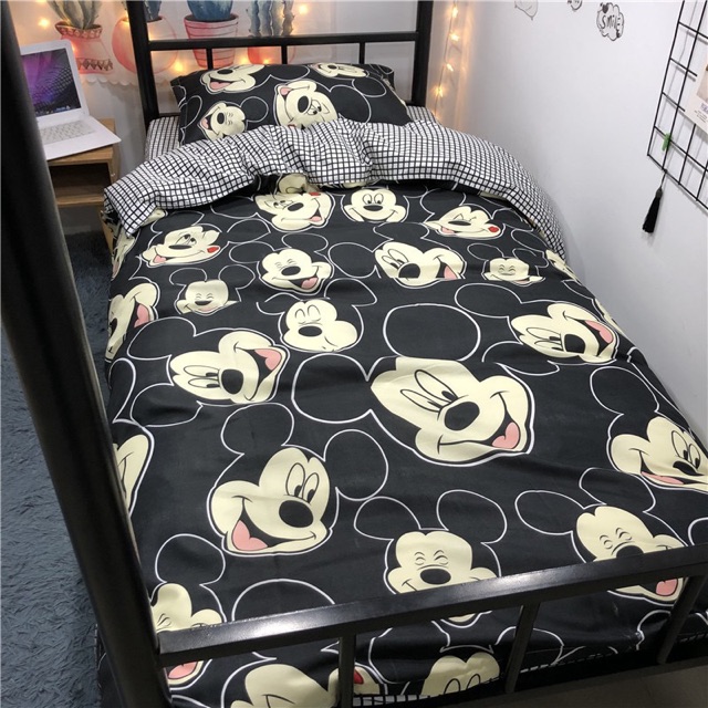 Set Chăn Ga Chuột Mickey Đen Ga Caro Cotton Poly Cực Chất (Shinbedding.shop)