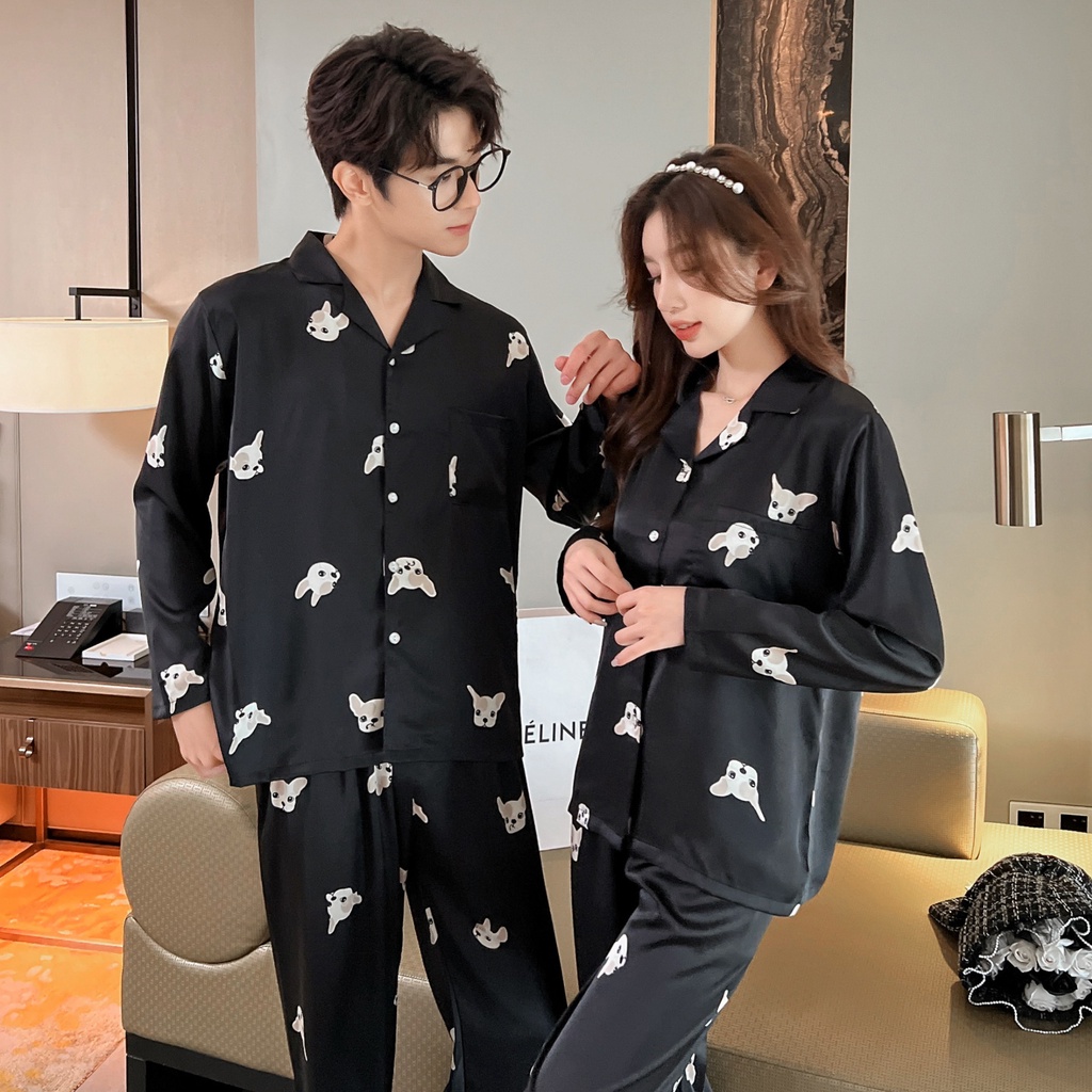 Bộ Đồ Ngủ Tay Dài Chất Lụa Lạnh In Họa Tiết Hoạt Hình Cún Dễ Thương Thời Trang Mùa Thu Cho Nam