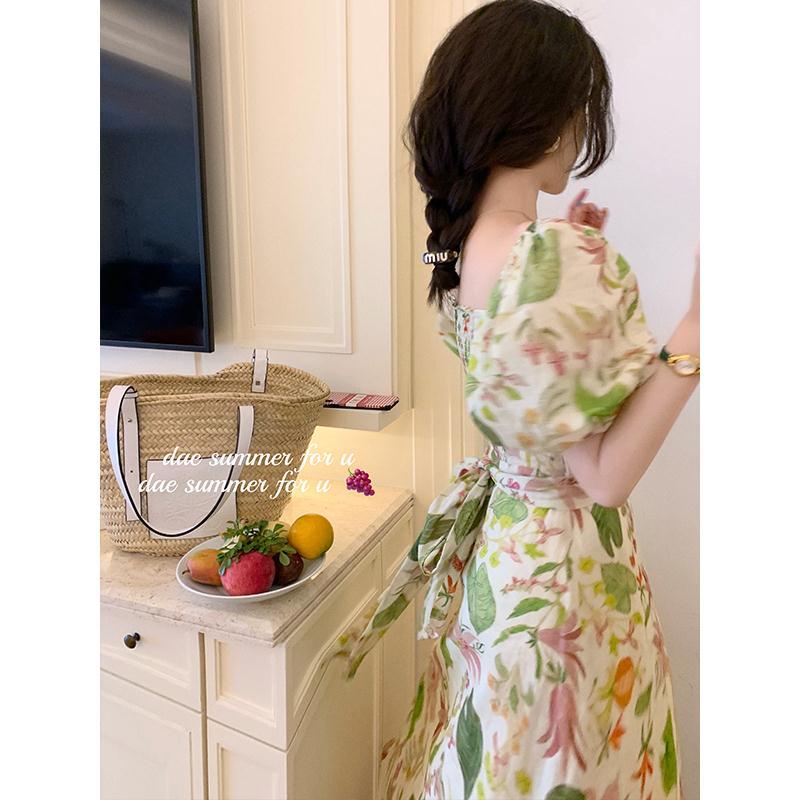 đầm cổ vuông Đầm Dài Dáng Chữ A Tay Phồng Cổ Vuông In Họa Tiết Hoa Nhí Xinh Xắn Thời Trang Cho Nữ