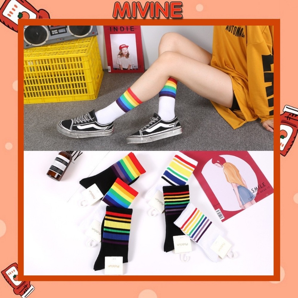 Tất cổ cao Mivine phong cách unisex kẻ cầu vồng cực đẹp TN51