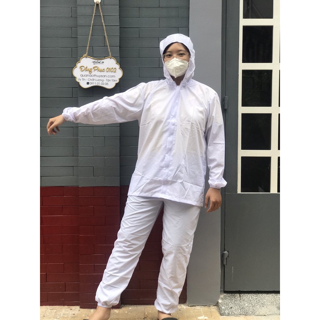 Quần áo thủy sản Silk trắng + Nón thoáng mịn mặc mát phù hợp trong sản xuất, chế biến thủy sản, thực phẩm