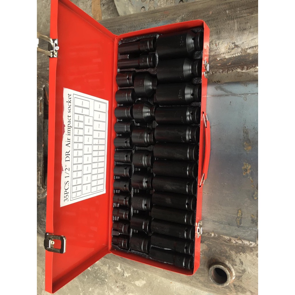 Bộ tuýp khẩu đen 1/2 inch thép CR-V ALONGTOOL 35 chi tiết đủ size kèm hộp sắt cao cấp (Bộ tuýp mở bu lông)