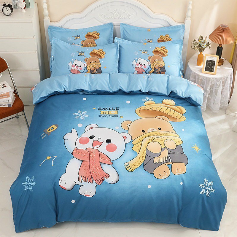 Bộ Chăn Ga Gối Cotton Tina 3D - Gấu Xanh