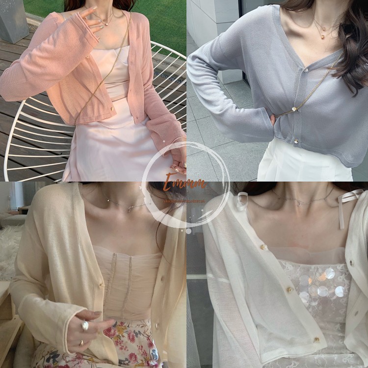 Áo cardigan len mỏng nút hoa hàng Quảng Châu Freesize