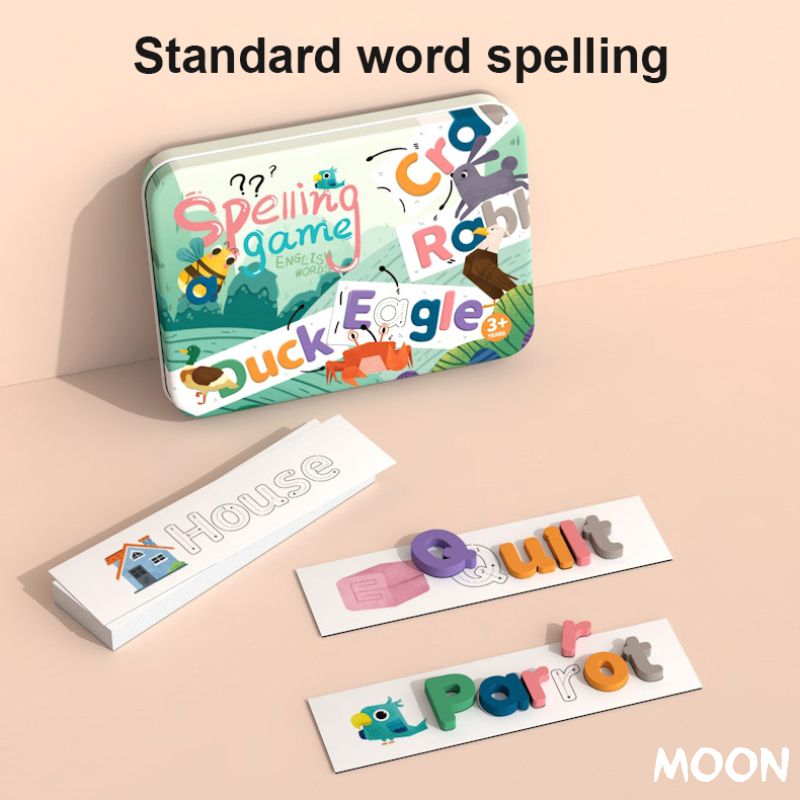 ▼ New iron box English alphabet spelling game Wooden Jigsaw Puzzle English practice card game ▌MOON