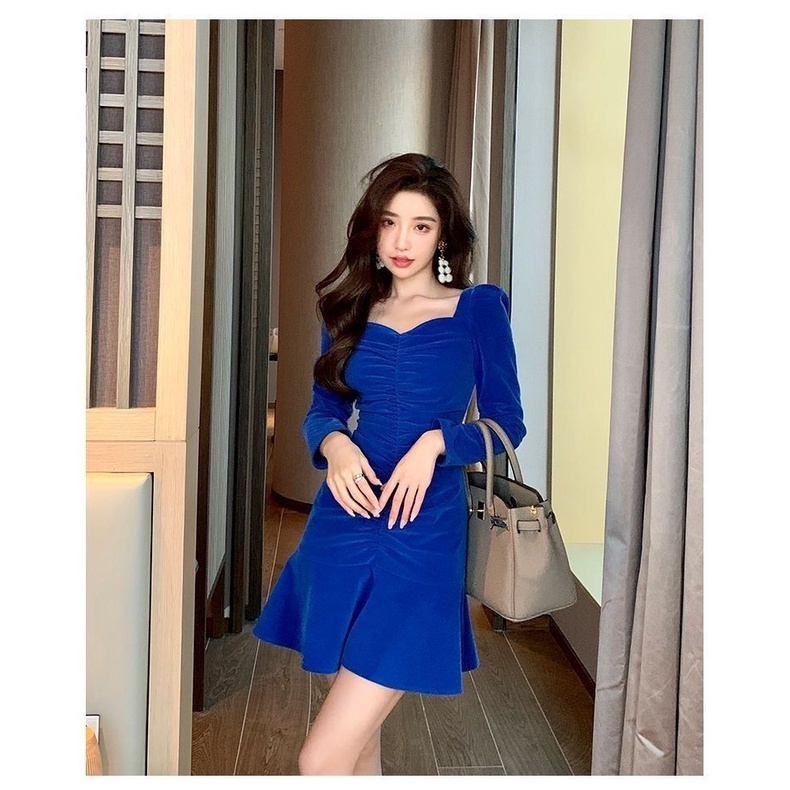 Đầm Nhung Đuôi Cá Cổ Vuông Phong Cách Retro Thời Trang Mùa Đông Mới 2022