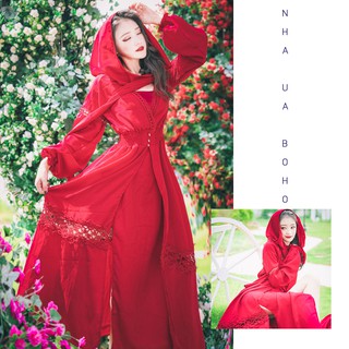 Đầm boho đỏ có mũ  và dây quàng cực xinh
