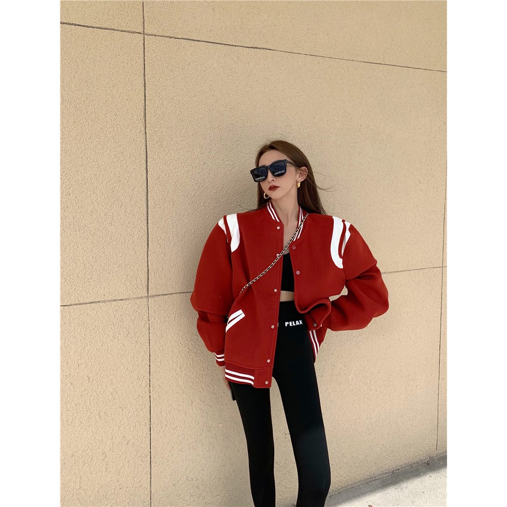 Áo khoác bóng chày đỏ tay dài nữ + quần legging nữ dài ôm bó sát đen uzzang tết xuân đâu năm mới
