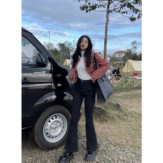  ÁO DẠ ĐỎ x QUẦN JEAN ỐNG LOE ĐEN   Ảnh Thật Shop Tự Chụp   