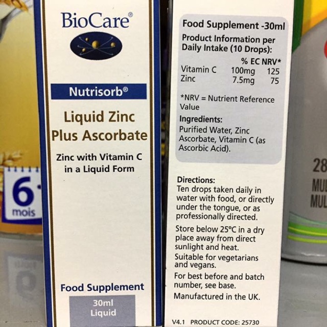 BIOCARE NUTRISORB ZINC PLUS ASCORBATE - LIQUID ZINC & VITAMIN C - 30ML