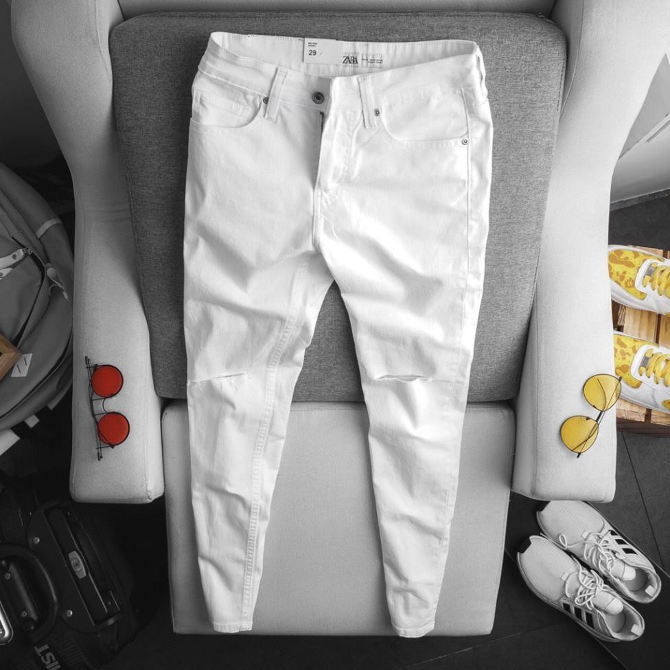 [BIGSIZE] Quần jean nam trắng trơn rách hiệu ZR form body vải co dãn hàng VNXK cao cấp EMM SHOP