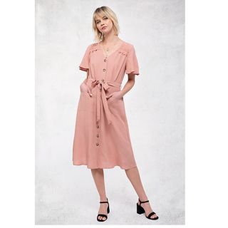 Váy rayon hồng thắt nơ eo xuất xịn
