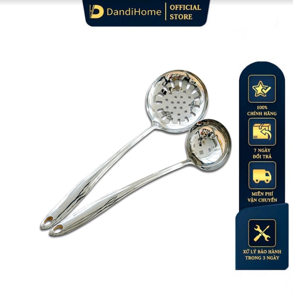 Combo muỗng dài và muỗng thủng ăn lẩu loại lớn inox 304 DandiHome cao cấp, sáng bóng