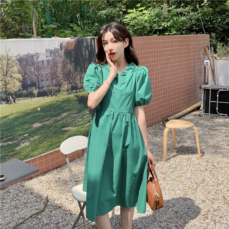 Yunyun Clothing Home ~ Summer 2021 New Korean Design Sense Neckline Buckle Lace Up Waist Short Sleeve Dress[delivery Within 15 Days ]
