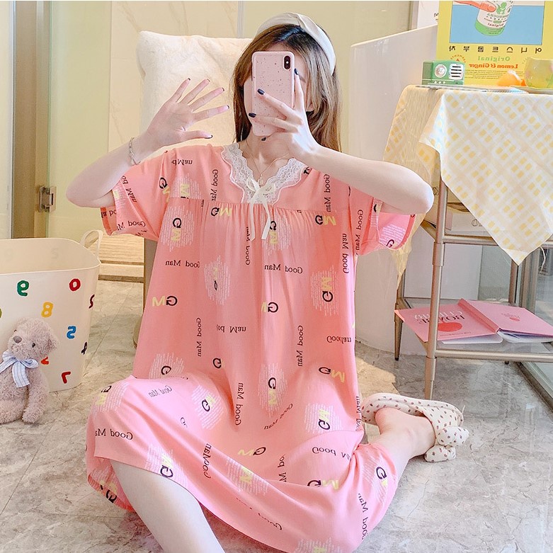 Váy lanh nữ cộc tay cổ ren, dáng suông dài mềm mát, nhiều họa tiết, freesize 45 - 70 kg