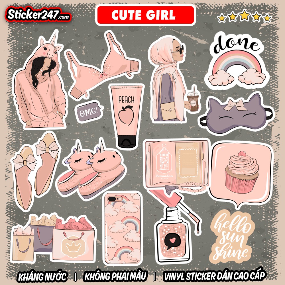 Sticker Cô Gái Dễ Thương Cute Girl  𝑭𝒓𝒆𝒆𝒔𝒉𝒊𝒑 chống nước, sticker dán laptop, điện thoại, đàn, mũ bảo hiểm, vali