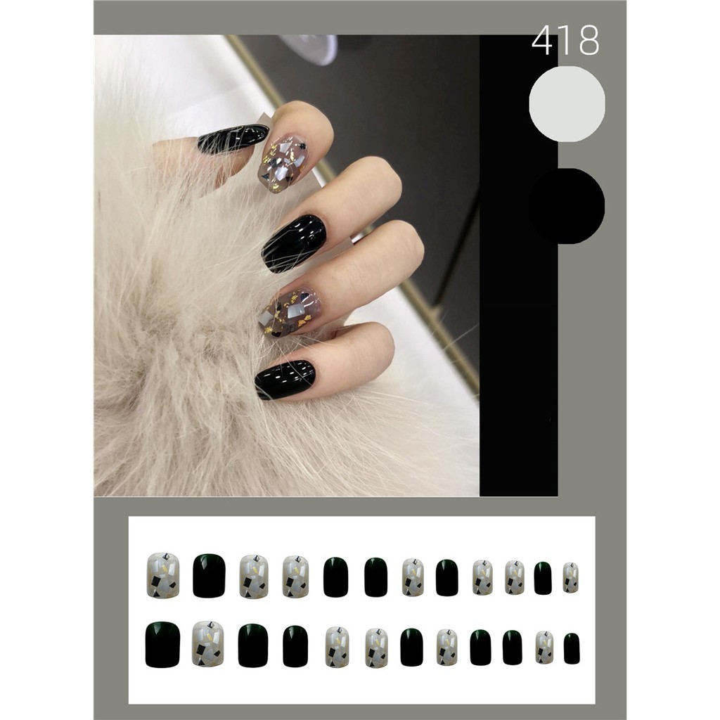 Bộ 24 móng tay giả Nail Nina trang trí nghệ thuật màu đen bạc mã 418【Tặng kèm dụng cụ lắp】