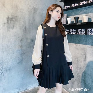 Váy tuyết mưa tay dài phối tơ chân xếp li dáng đầm suông rộng freesize 2 màu đen,be mã V997 - Michi's House