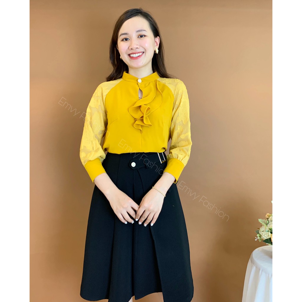[Mã WASTUP giảm 10% tối đa 30K đơn 99K] Áo sơ mi nữ Thiết kế lụa trượt cổ trụ phối tơ hoa EMVY-A34 | BigBuy360 - bigbuy360.vn