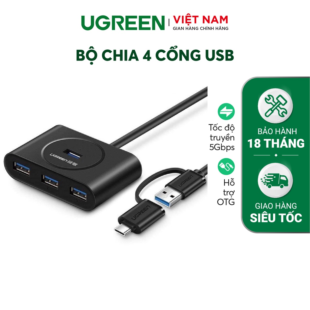 Bộ chia cổng USB 3.0 / USB type C sang 4 cổng USB 3.0 dài 1m UGREEN 40850 - Hàng phân phối chính hãng Bảo hành 18 tháng