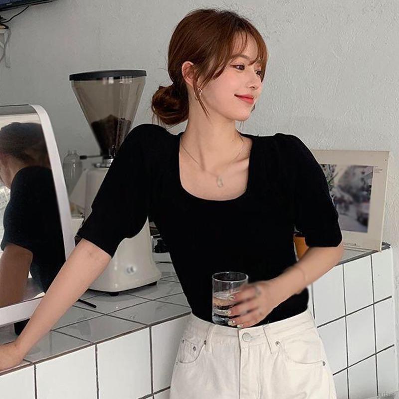 Áo thun tay ngắn cổ vuông màu sắc đơn giản thời trang cho nữ