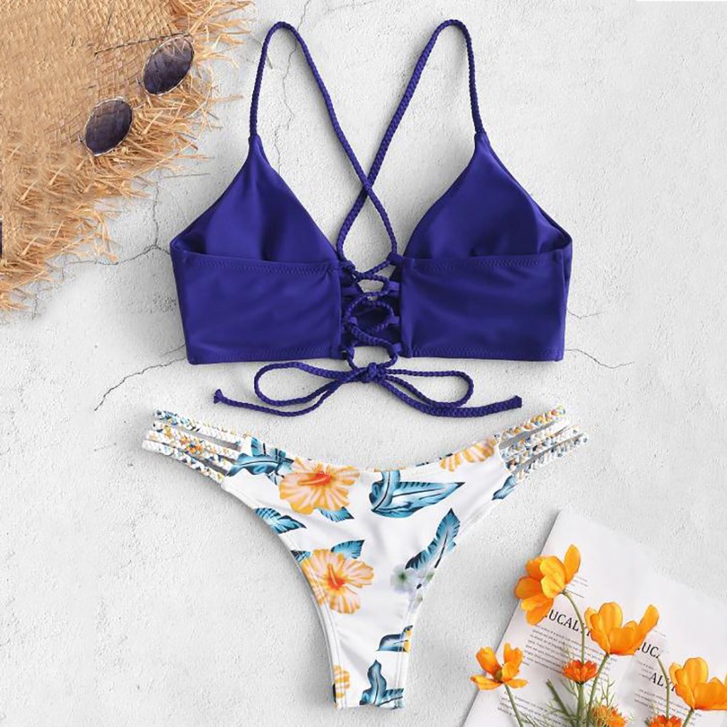 Bộ đồ bơi 2 mảnh thiết kế áo nâng ngực hở lưng+quần lót lọt khe họa tiết hoa phối dây gợi cảm cho nữ