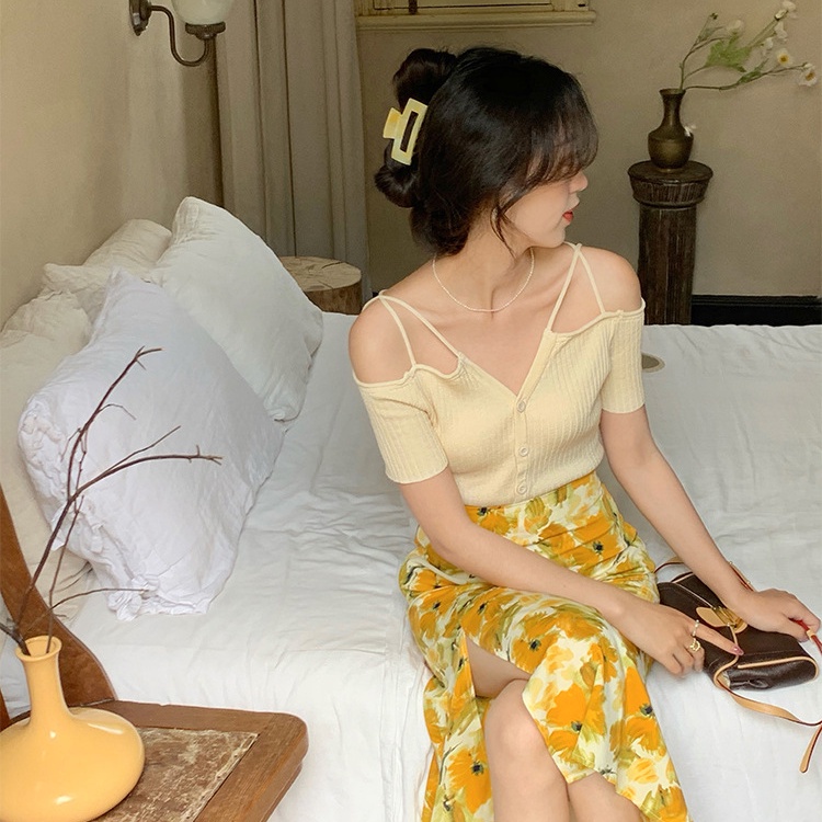 SUXI Áo Dệt Kim Tay Ngắn Trễ Vai Dáng Ôm Phong Cách Hàn Quốc Quyến Rũ Cho Nữ