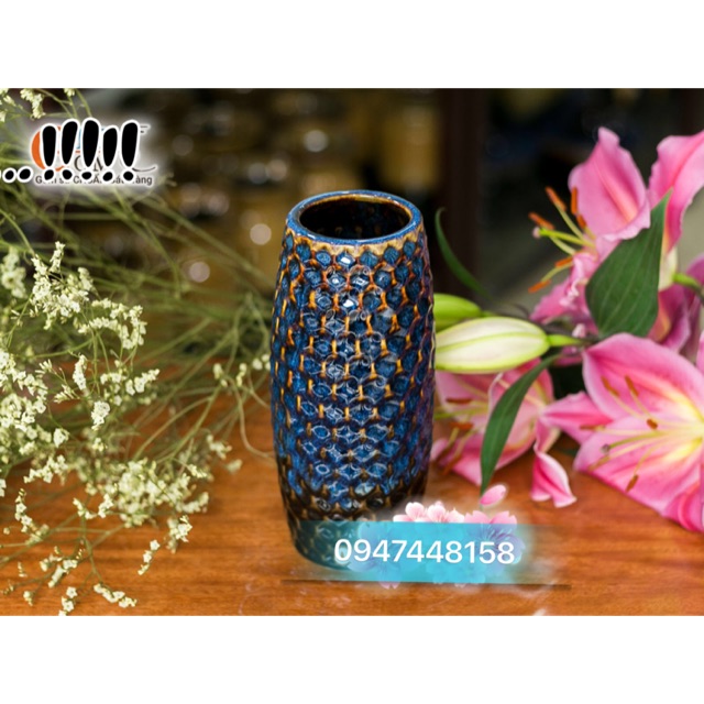 Lọ hoa dáng ống men hoả biến- màu xanh đen