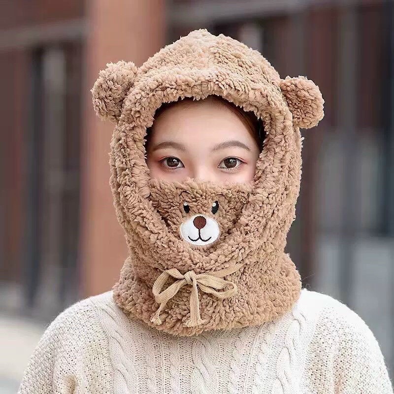 Mũ Len Tai Gấu,Mũ Nư Chất Lông Cừu Mềm Mại, Kèm Theo Khẩu Trang Ấm Áp, Phong Cách Nhật Bản
