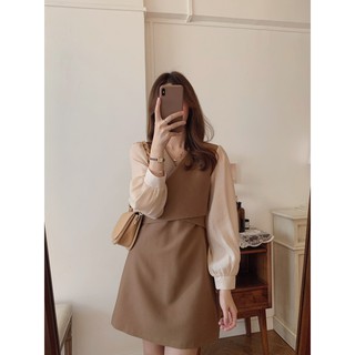 (ORDER) Váy dài tay mùa thu dáng A-line tay phối voan kiểu Pháp đơn giản sang trọng thanh lịch Hàn Quốc