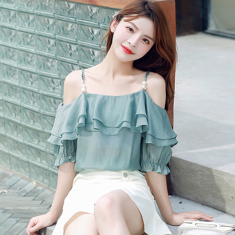 Áo Voan Trễ Vai Hai Dây Nhún Bèo Màu Tím Phong Cách Thời Trang Mùa Hè Quyến Rũ Dành Cho Nữ