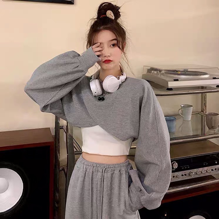 Áo croptop dài tay form rộng dáng ngắn tặng kèm áo 2 dây bên trong chất da cá dày dặn order