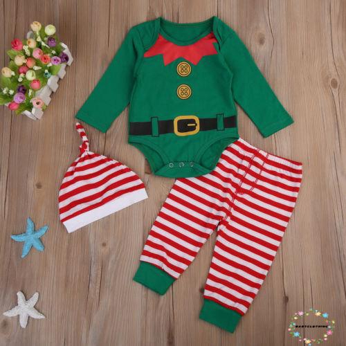 ღWSVღChristmas Newborn Kids Baby Boys Girls Romper Pants Hat Outfits Set Clothes 3Pcs