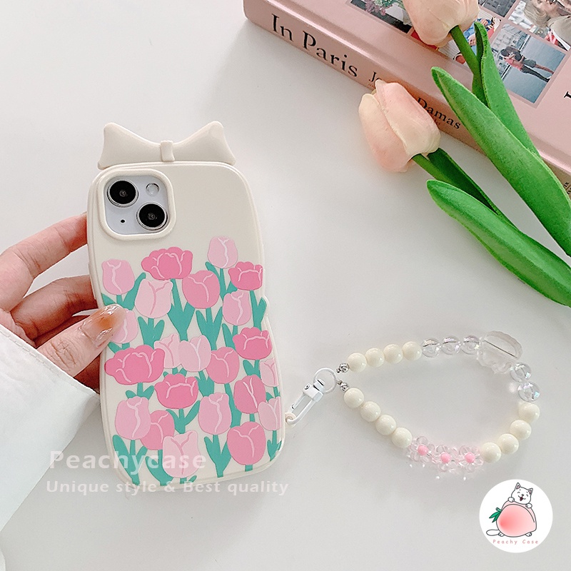 Ốp Điện Thoại TPU Dẻo Họa Tiết Hoa Tulip Hồng Kèm Vòng Tay &amp; Dây Đeo Chống Rơi Cho iPhone 13 12 Pro Max 11 Xr Xs Max X