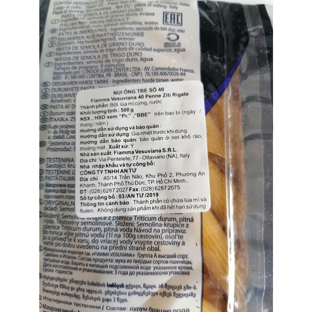 [Gói 500g – SỐ 40] NUI ỐNG TRE [Italia] FIAMMA No 40 Penne Ziti Rigate (halal) (atu)