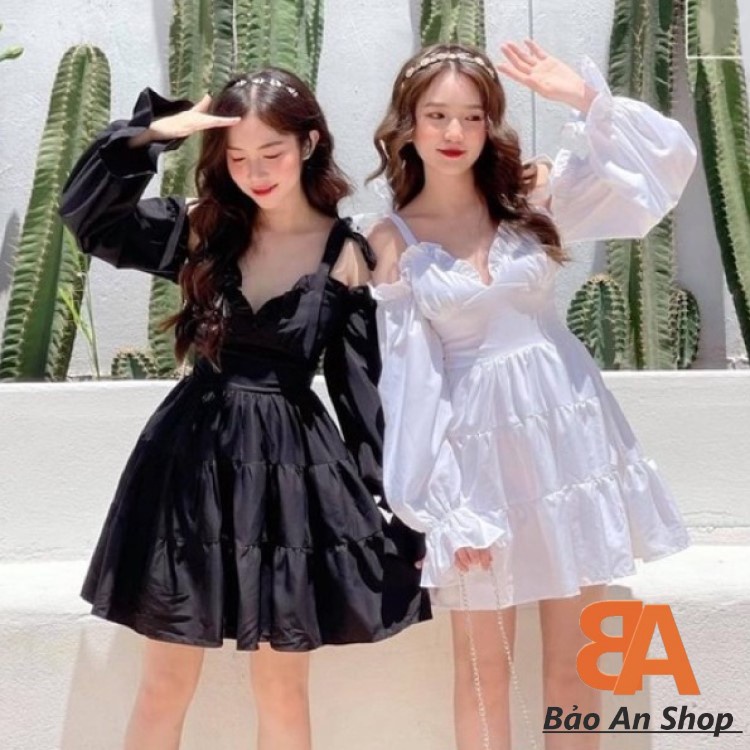 Đầm bẹt vai babydoll phối dây cột nơ vai chất vải Kate lụa FreeSize dưới 53kg