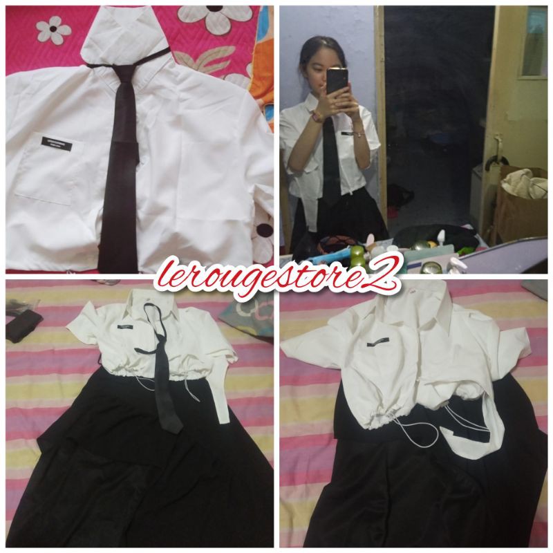 Set đồ nữ thời trang mẫu mới váy hai dây tà lệch cá tính đen + áo sơ mi trắng nữ không kèm cà vạt
