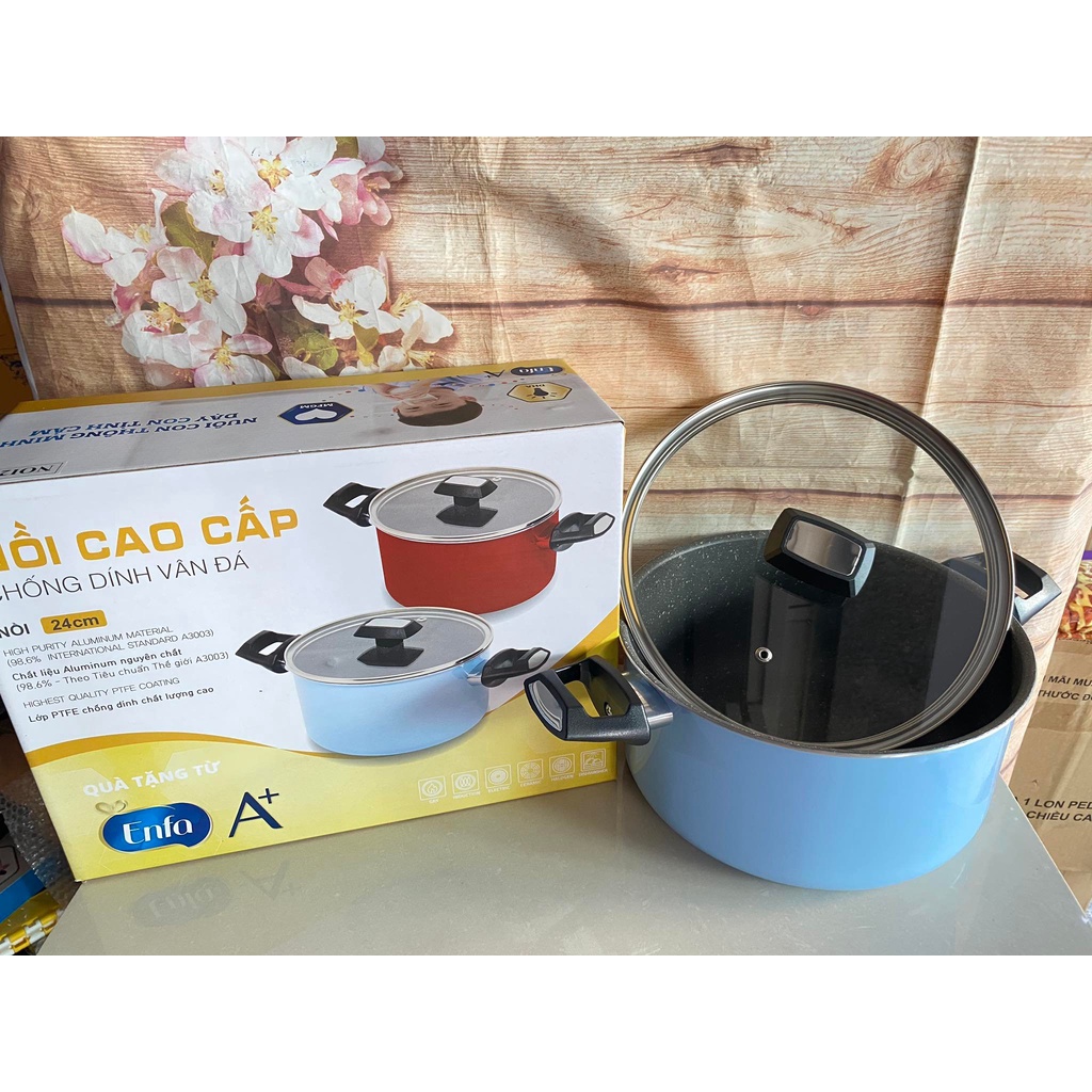 Nồi hợp kim nhôm chống dính vân đá đáy từ nắp kính Kims Cook 24CM