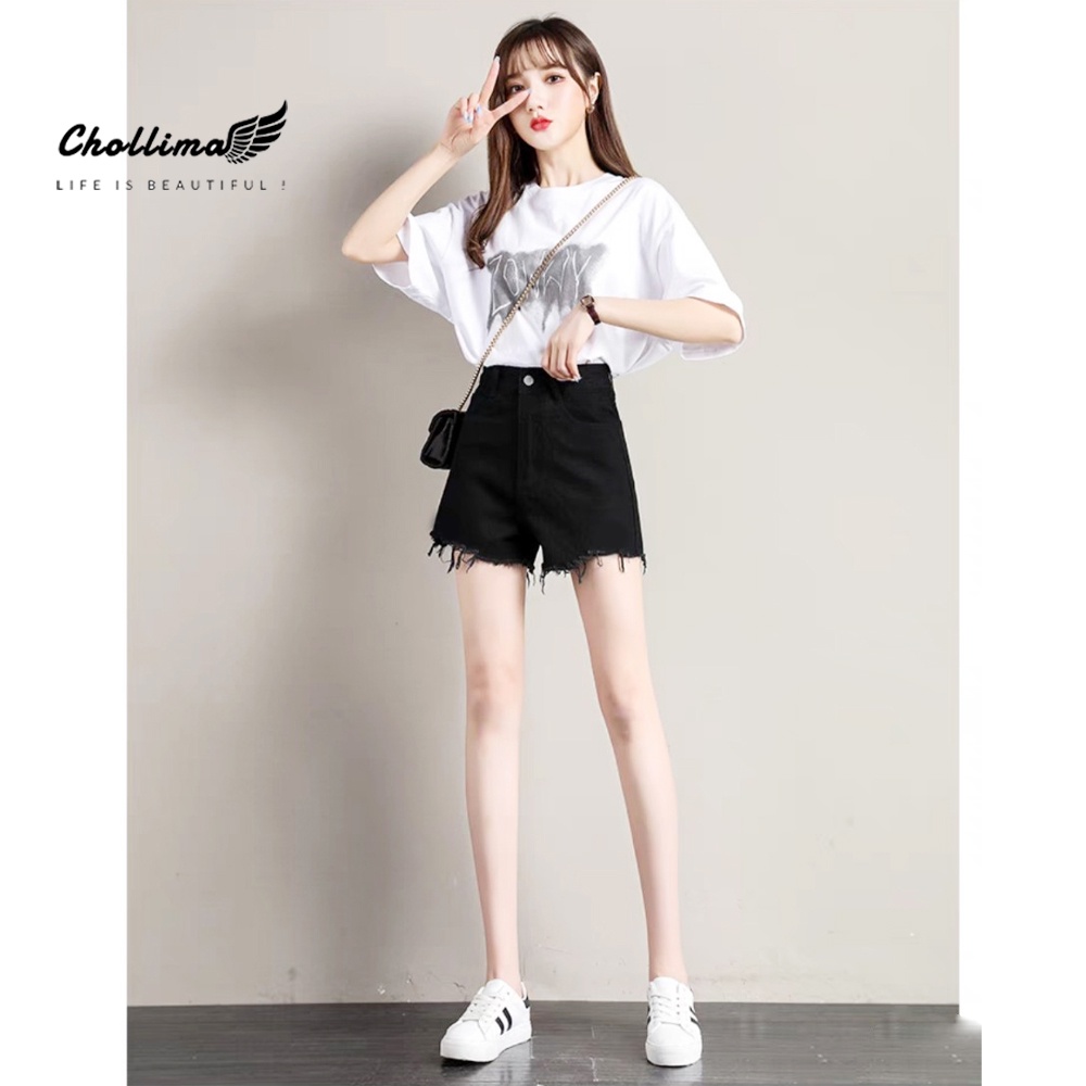 Quần short jeans nữ Chollima tua lai trơn màu đen QS027 phong cách hàn quốc dễ phối đồ