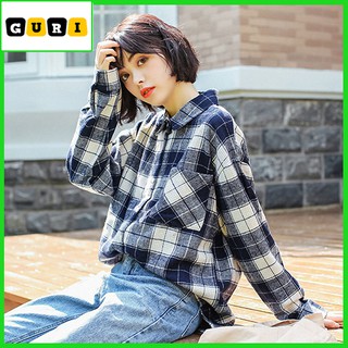 Áo sơ mi nữ form rộng kẻ caro dài tay thời trang cao cấp GURI Áo sơ mi kiểu Hàn Quốc đẹp mã GSM02