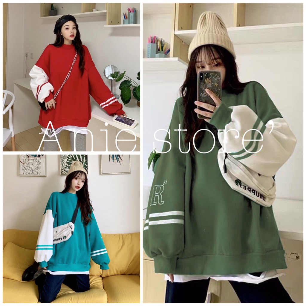 [Mã WASTGO hoàn 10% xu đơn 99k] Áo Nỉ Bông Tay Phối Màu R83 🦋 Áo Thun Nữ Dáng Rộng Ulzzang In Chữ Ống Bo 4 Màu 🦋