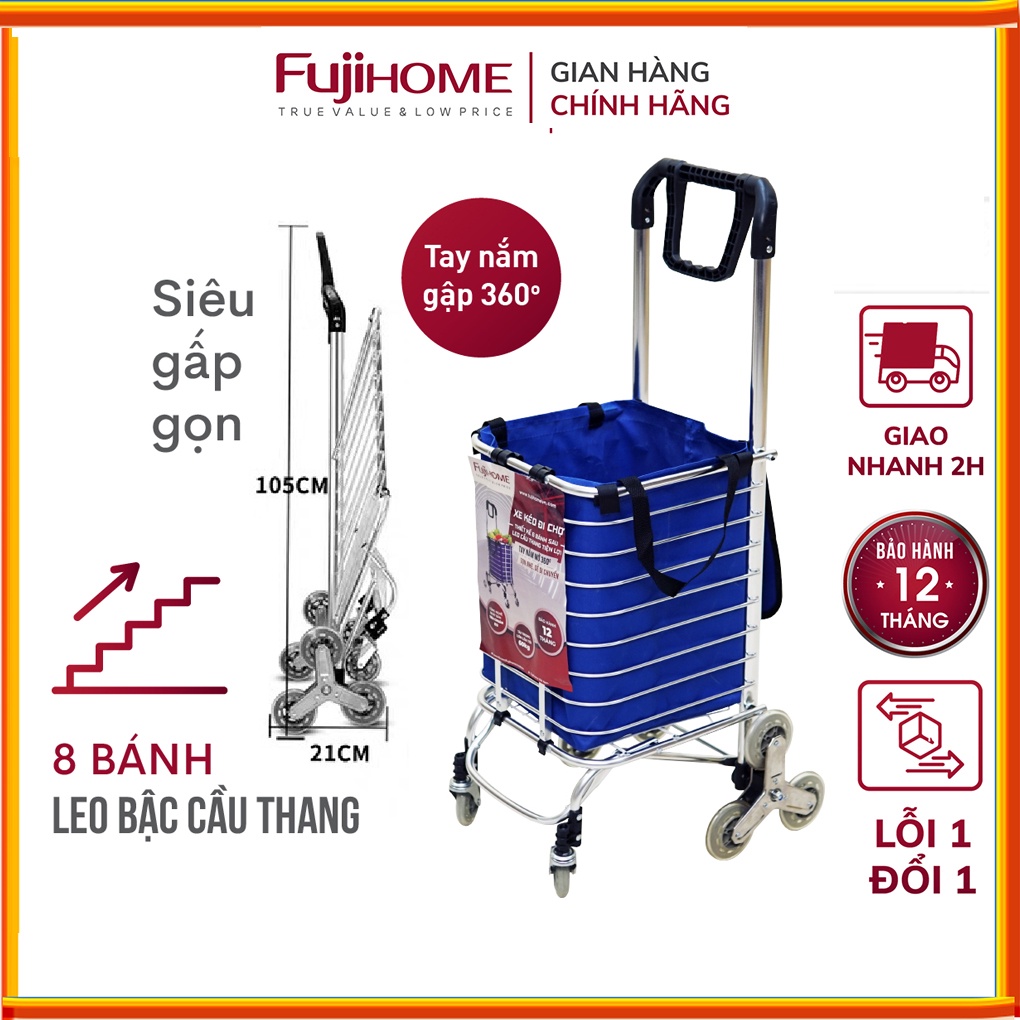 Xe kéo đi chợ gấp gọn leo cầu thang FUJIHOME SC-260 8 bánh, xe đẩy kéo hàng đi chợ siêu thị xếp gọn mini [ BH 1 năm]