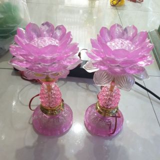 Cặp đèn thờ nhựa màu hồng 7 màu cao 24cm