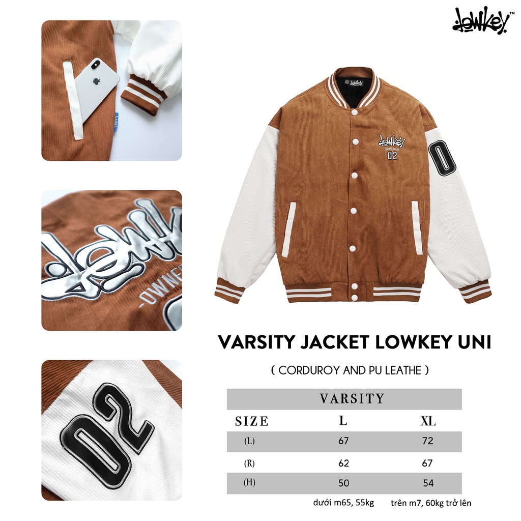 Áo khoác Varsity Brown/White Nhung Tăm Full Thêu Logo Lowkey Phối Da PU Varsity Jacket Lowkey Uni