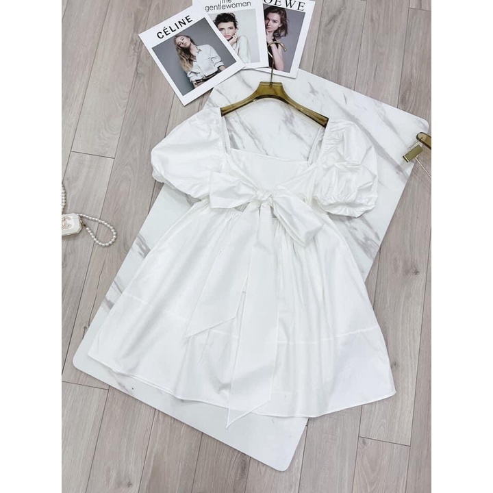 Váy babydoll cổ vuông tay phồng xếp li ngực nơ lưng, váy nữ freesize LP1 | BigBuy360 - bigbuy360.vn
